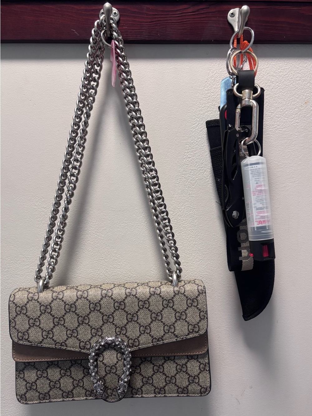 Gucci Beige/Brown GG Supreme Shoulder Bag with Silver Chain
